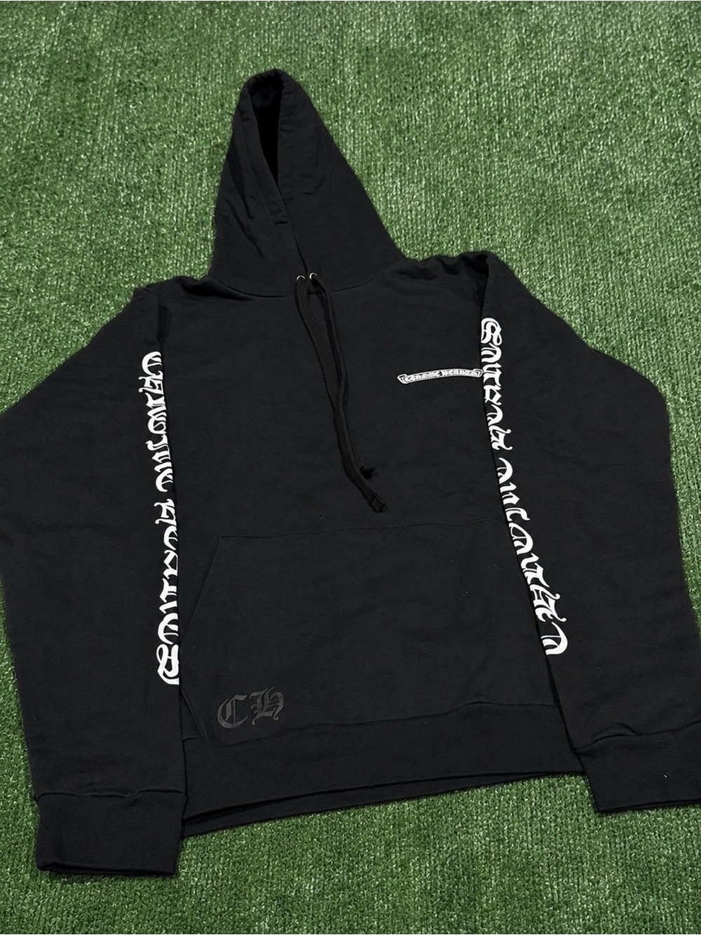 Chrome Hearts Black Crewneck Pullover with White Sleeve Gothic Script